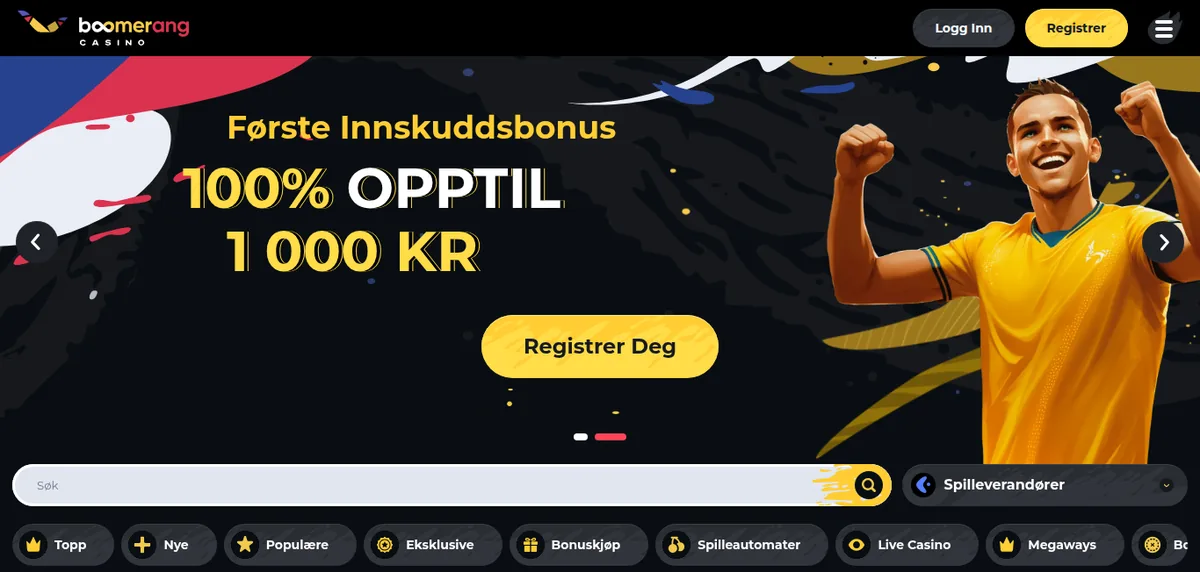 Boomerang Casino: forsiden slik den møter en norsk spiller
