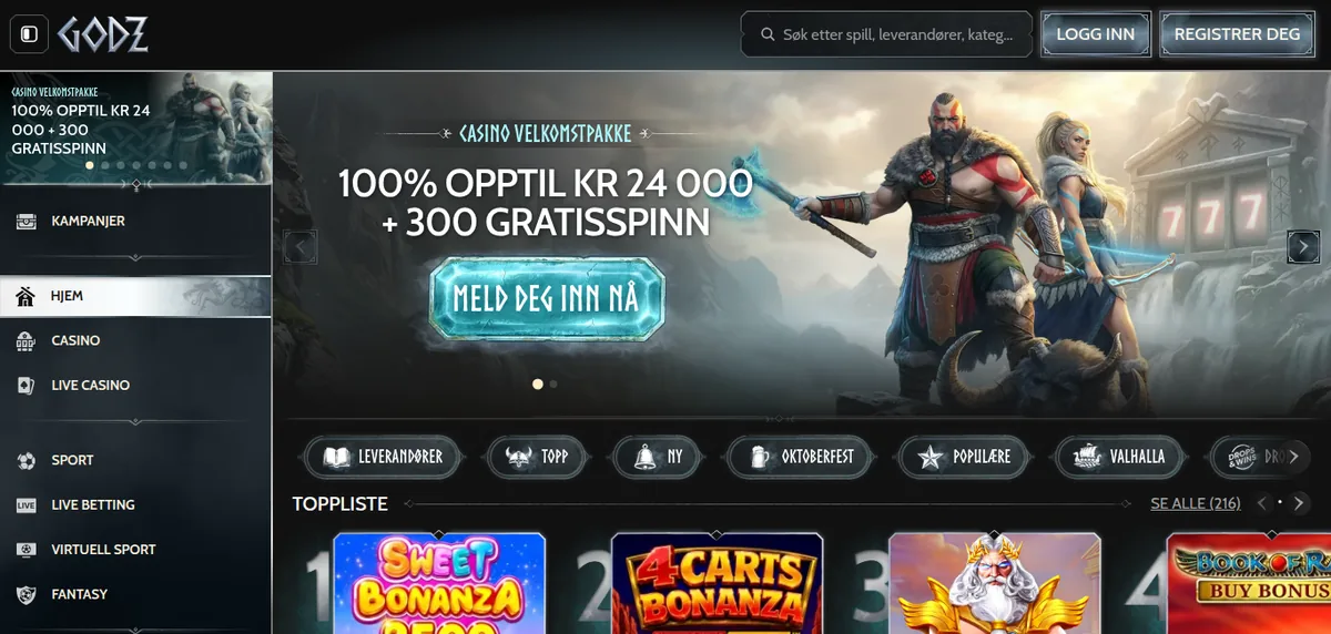 Spillutvalget hos Godz Casino slik det vises i nettleseren
