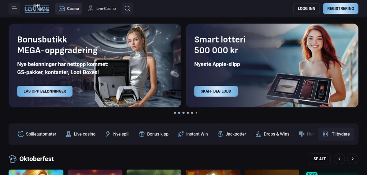 Lobbyen hos SlotLounge Casino på norsk