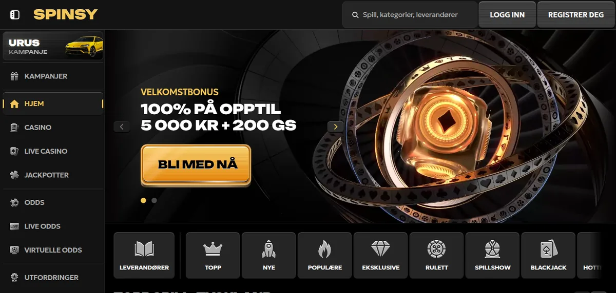 Spillutvalget hos Spinsy slik det vises i nettleseren