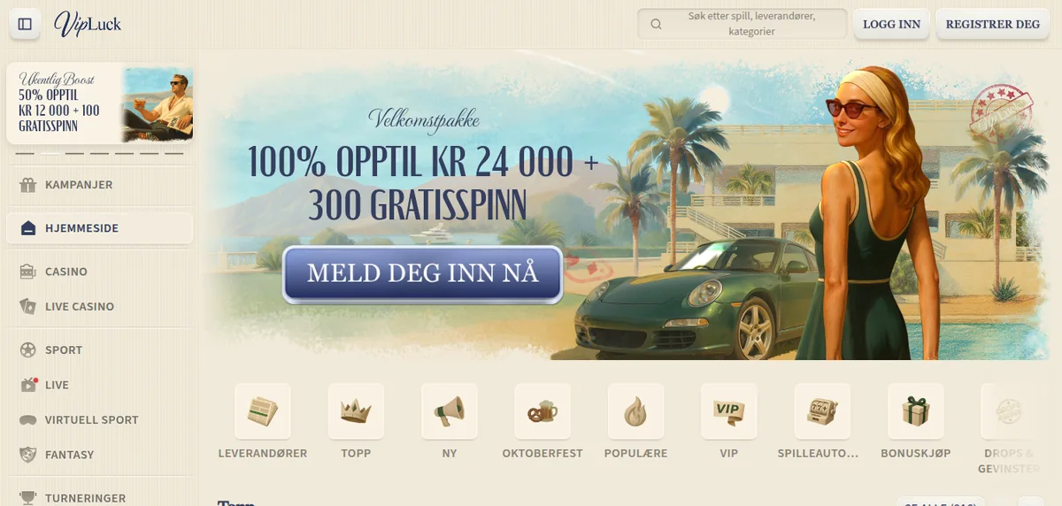 Lobbyen hos VipLuck Casino på norsk